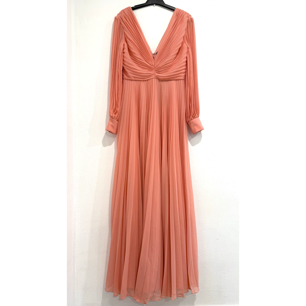 Badgley Mischka Dress Pleated Long Sleeve Gown Coral V Neck EG9011A Size 6 $795
